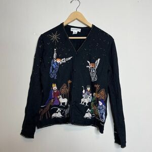Bellepointe Vintage Black Cardigan Sweater Size Medium Nativity Angels Beaded